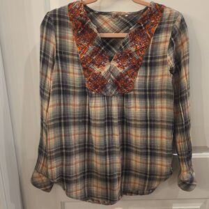 SUNDANCE Y2K-Inspired Plaid Embroidered Peasant Blouse Tunic Sz S Bohochic